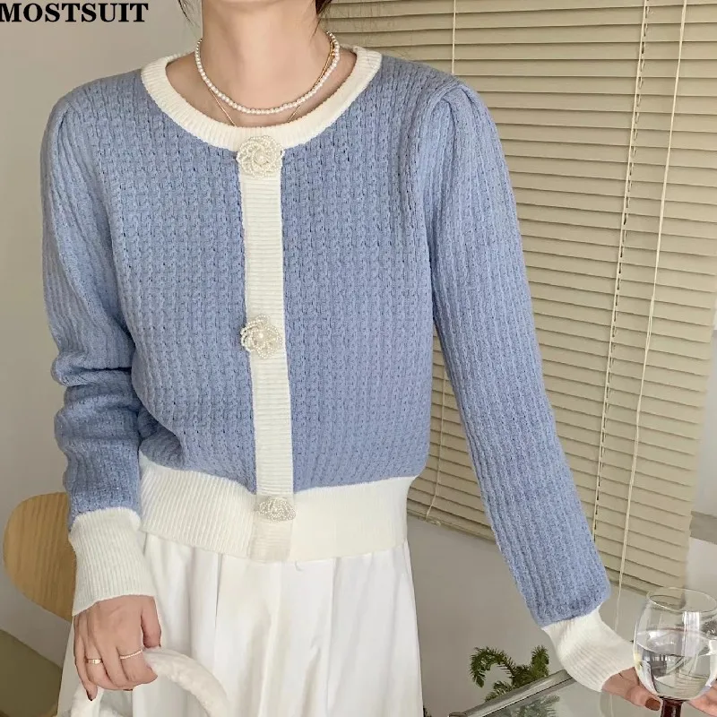 

Stereo Floral Knitted Sweater For Women 2022 Autumn Elegant Korean Vintage Contrast Color Pullover Long Sleeve O-neck Ladies Top