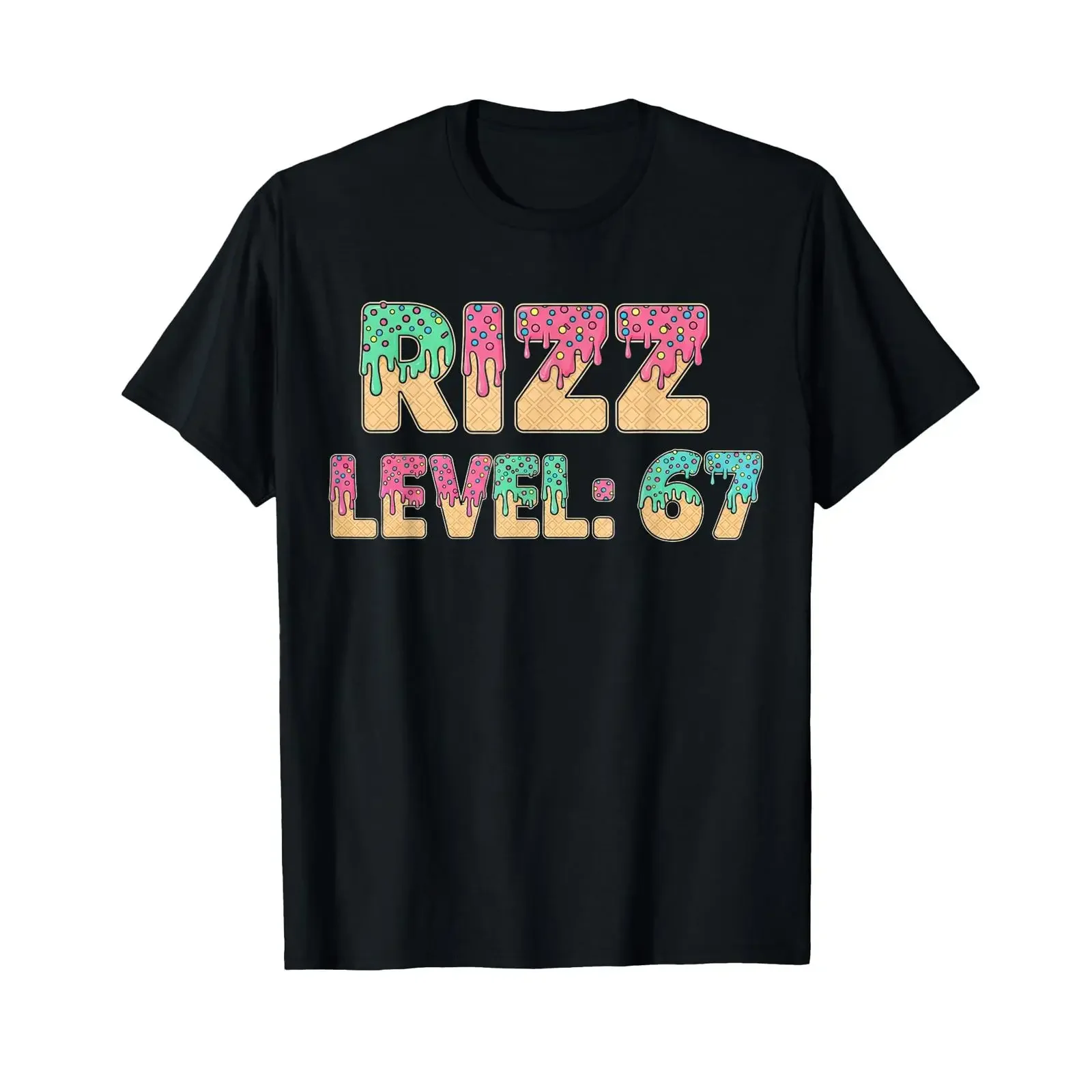 Фото Футболка Rizz Level 67 с принтом мема «Мороженое Дрип» (67), винтажная, с эффектом потертости, модная, мужская, слегка повседневная, эластичная, в стиле стритвир, мягкая. №1