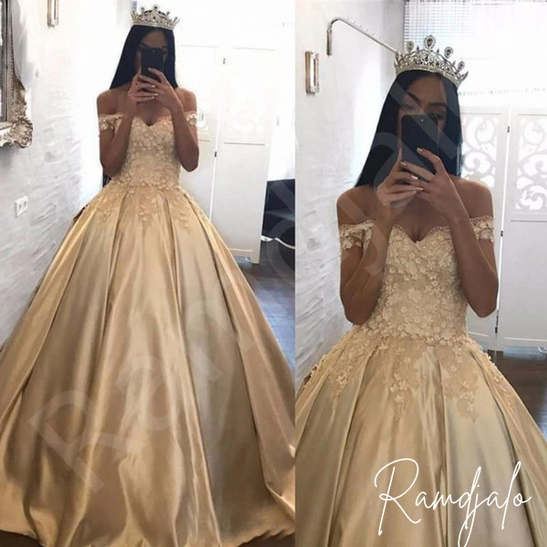 

Champagne Gold 3D Floral Applique Quinceanera Dresses 2022 Off The Shoulder Corset Ball Gown Plus Size Arabic African Prom Dress