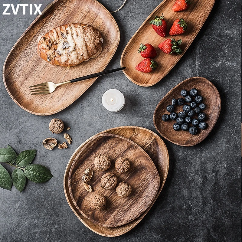 

Oval Wooden Tableware Tray Solid Wood Snack Tray Hotel Restaurant Tea Bread Tray Kitchen Supplies Household Tableware Home Decor