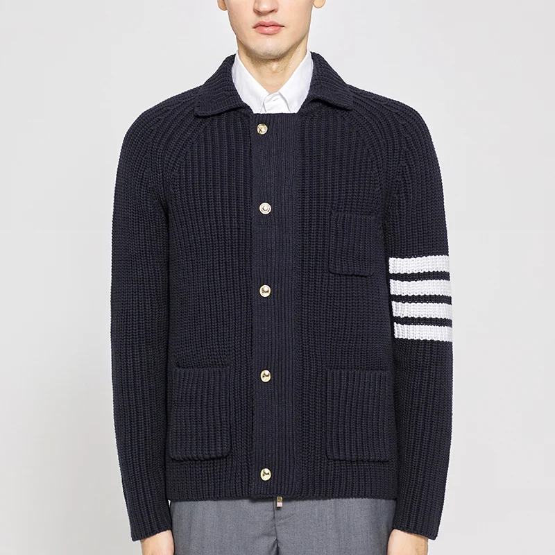 TB THOM Men Cardigan Polo Sweater High Quality Cotton Business Casual Tops Spring Autumn Button Down Knitwear with Pockets