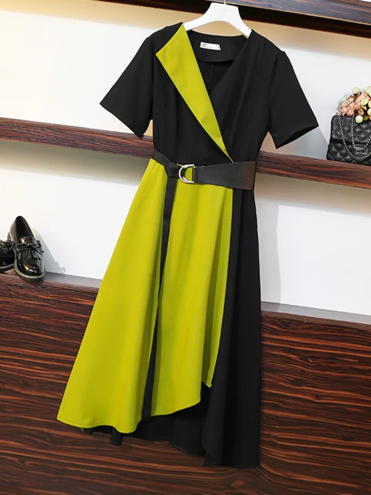 

Women Elegant High Waist Summer Dresses Office Ladies V Neck Short Sleeve Patchwork Irregular Long Dress Workwear Robe