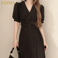 j girls women dress 2021 summer korean chic french elegant temperament suit collar tie waist thin puff sleeve pleated vestidos