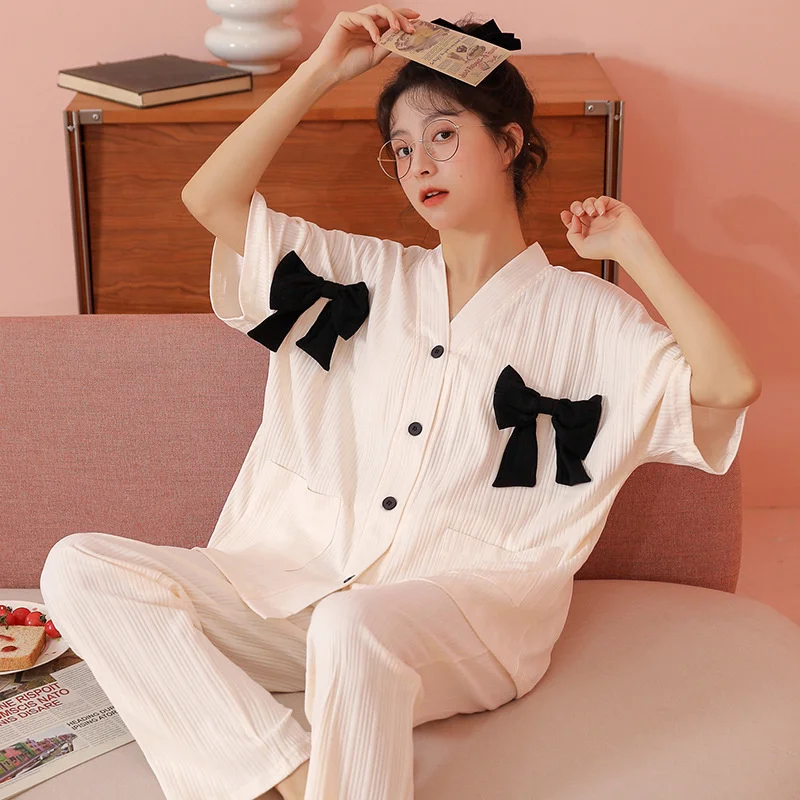 2022 New Spring And Summer Pajamas Women's Cotton Short Sleeved Cardigan Kimono Cartoon Lovely Girl's Home Clothes