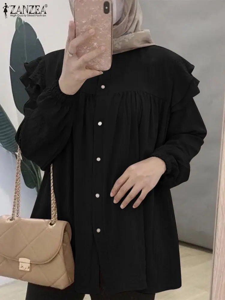 

ZANZEA Fashion Women Muslim Blouse Casual Loose Buttons Shirt Female Dubai Turkey Abaya Blusas Spring Long Sleeve Ruffles Tops