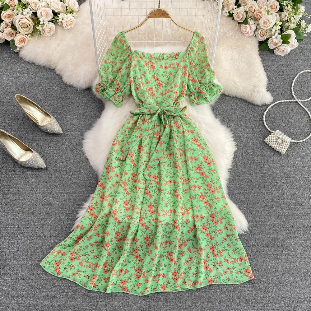 

Summer French Retro Gentle Style Square Neck Bow Tie Waist Thin A-word Floral Chiffon Dress Female