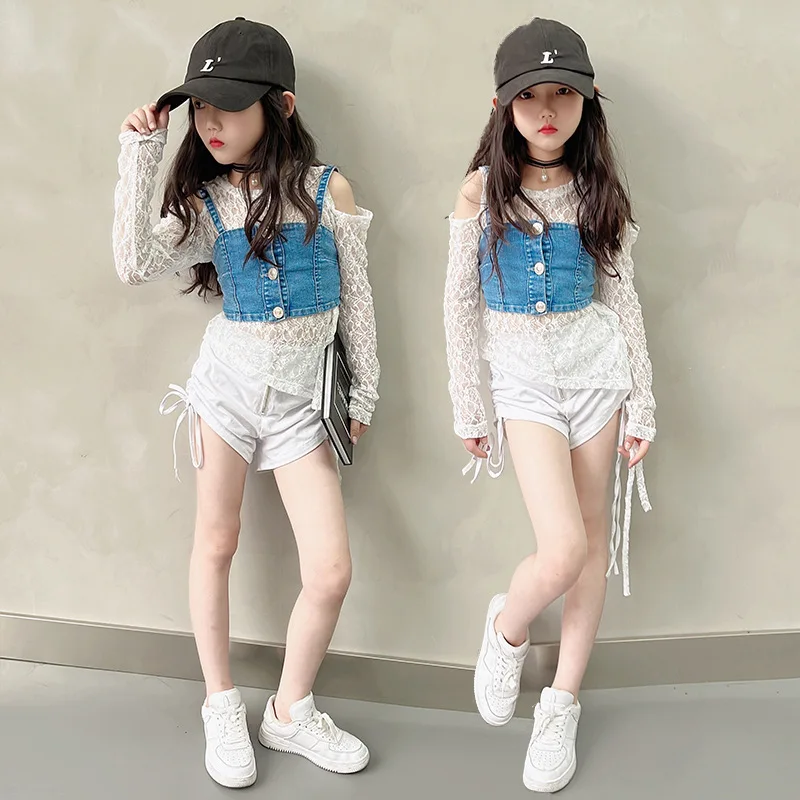

Girls Lace Tops Clothes Set Baby Dance Jazz Show Costumes Zipper Shorts 3 pieces Kids Outfits Streetwear 5 6 8 10 12 years
