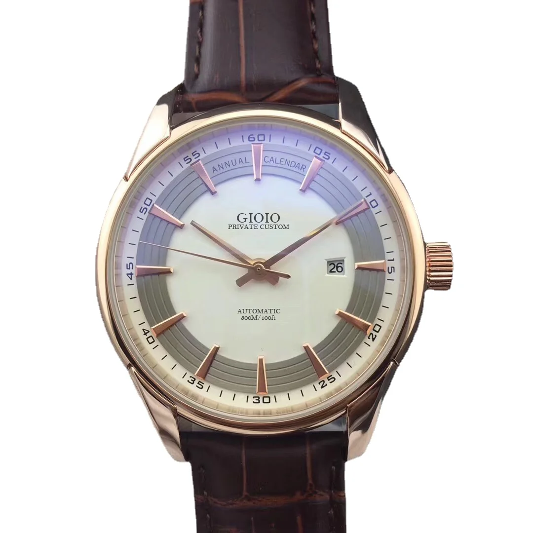 

men automatic mechanical watch annual black leather calendar