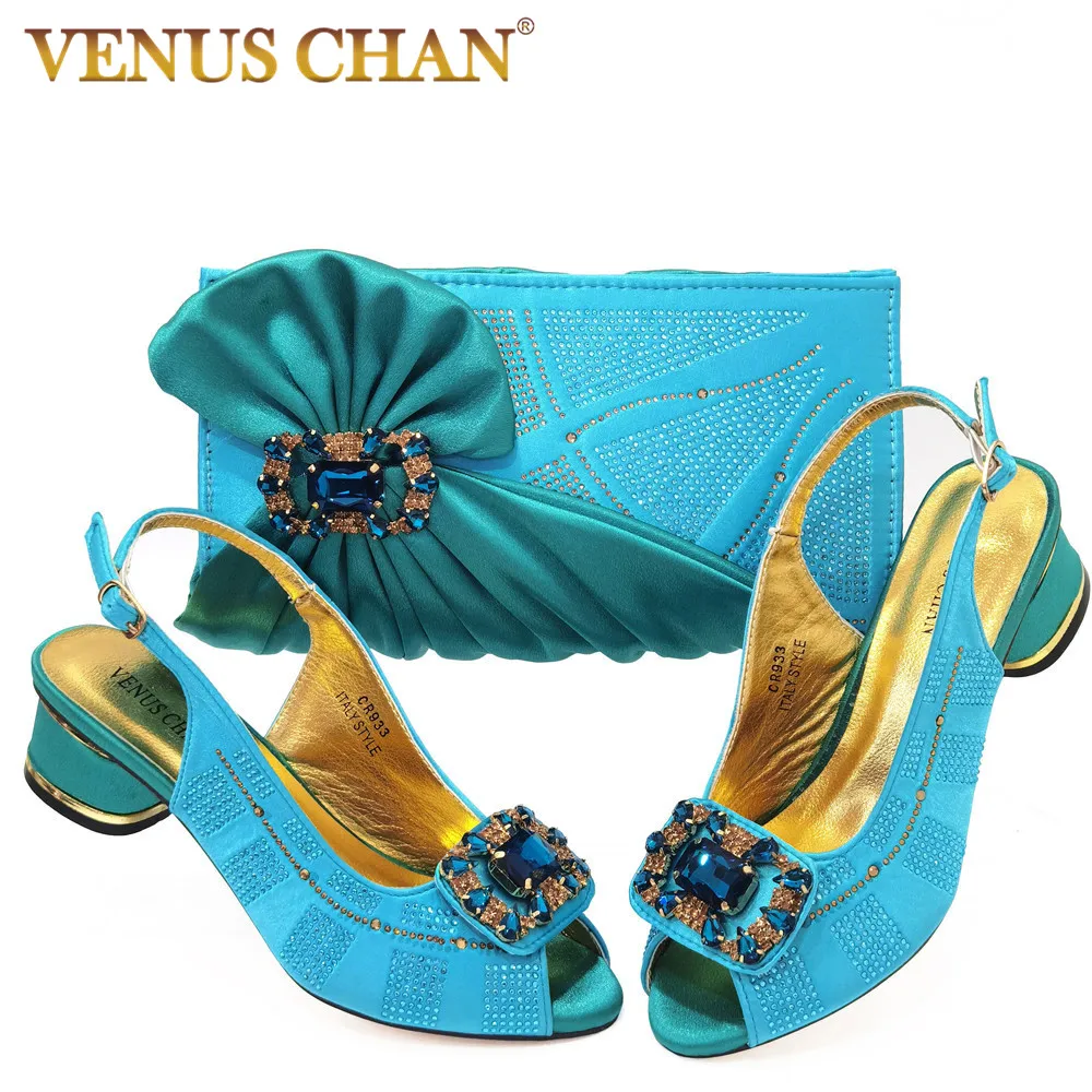 

Venus Chan Wedding Party Women's Summer Rhinestone Low Heel Sandals 2022 Latest Sky Blue Color Evening Women's Shoes and Bag Set