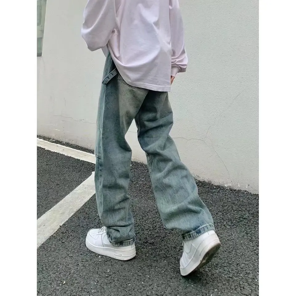 Men's Jeans European and American High Street Biker Denim Cross Embroidery Hip-hop Straight Loose Wide-leg Pants