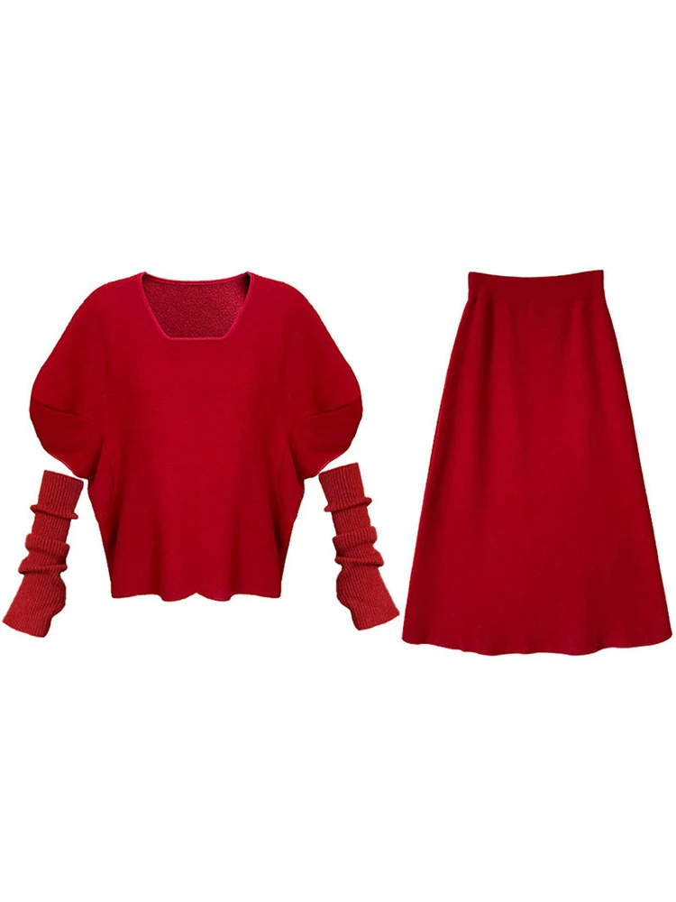 LANMREM Элегантный вязаный комплект женский пуловер с круглым вырезом и рукавами +
