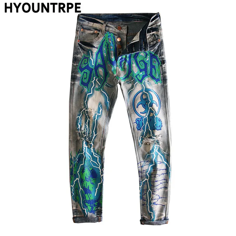 Fashion Skull Graffiti Jeans Printed Ripped Denim Pants Mens Distressed Biker Jeans Streetwear Slim Y2k Hip Hop Pants Joggers