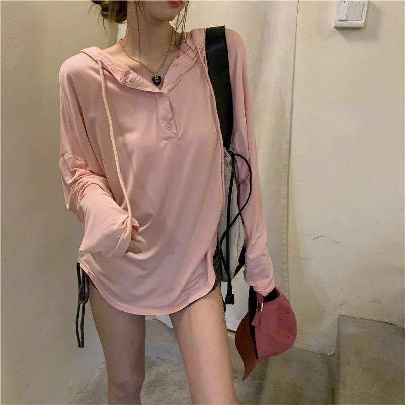 

Hooded Long Sleeve Women T-shirt Fashion Loose Large Size Thin Sun Protection Clothing Summer Versatile Female Clothing