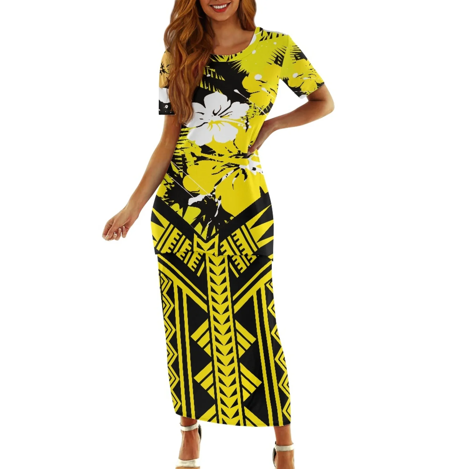 

Polynesian Tribal Fijian Totem Tattoo Fiji Prints Women Beach Party Dresses Women Clothing Casual Short Sleeve Lady Long Dress