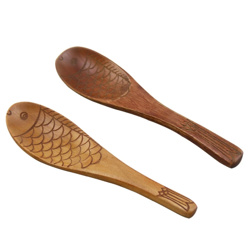 

Japanese Style Fish Shaped Wood Spoon Hand Carved Texture Scoop for Soup Rice Paddle Kitchen Utensil Dinnerware Wooden 2022 New