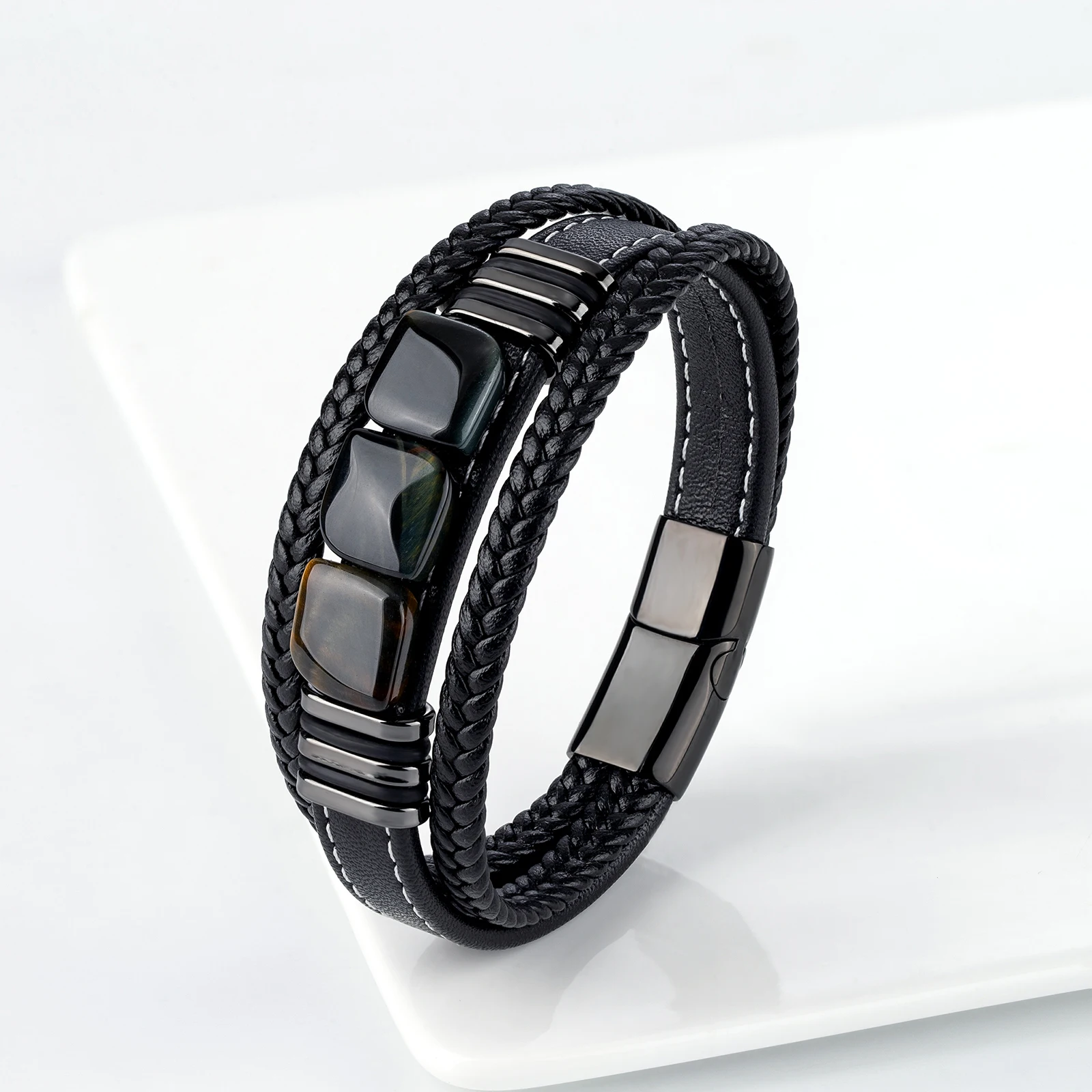 New Vintage Jewelry Natural 3 Square Tiger Eye 3 Layer Leather Rope Men's Stainless Steel Bracelet Fashion Charm Jewelry