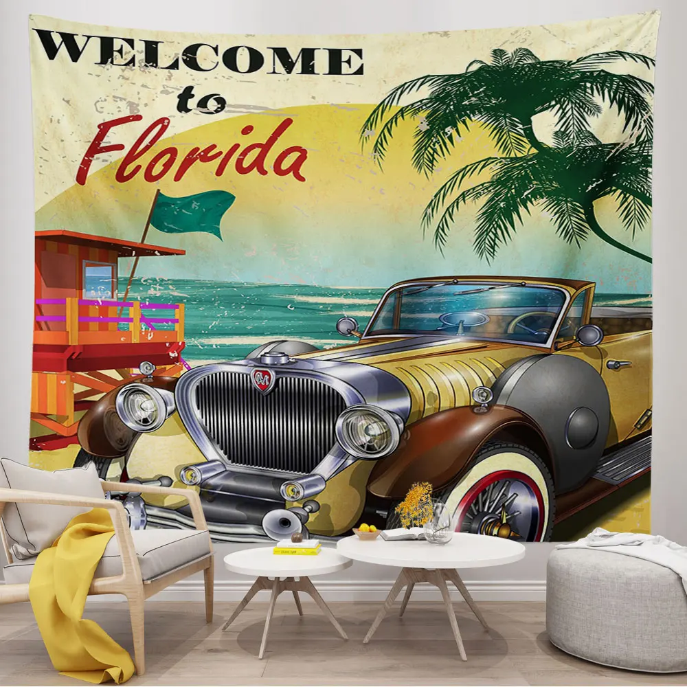 

Vintage Car Tapestry American Bar Route 66 Welcome To California Ocean Beach Wall Art Picture For Living Bedroom Home Decor