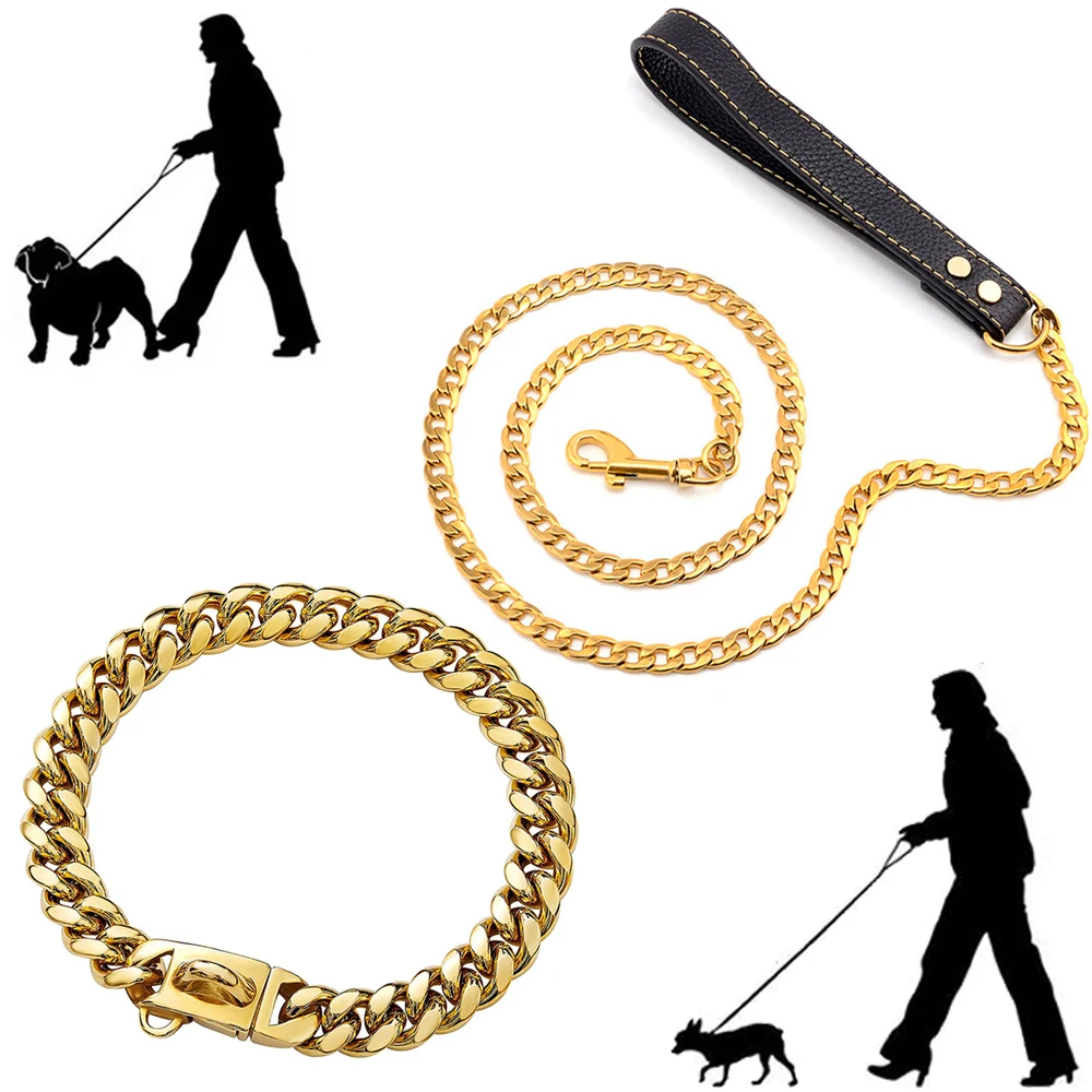 18K Golden Dogs Leash with Collar Suit Cuban Link Chain Stainless Steel Pet Dog Safety Leash with PU Leather Handle for Dog Lead