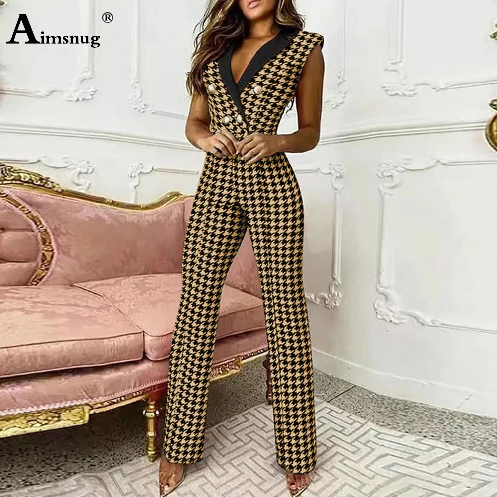Aimsnug Straight Leg Pants Women High Cut Jumpsuits Female Sleeveless Houndstooth Rompers Lepal Collar Vintage Buttons Jumpsuit