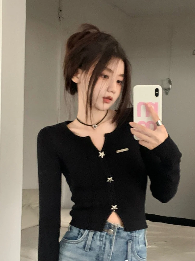 

Knitted Solid Slim V-neck Cardigan Women Casual Long Sleeve Bottoming Cropped Cardigans Y2k Aesthetic Harajuku Spring Sweater