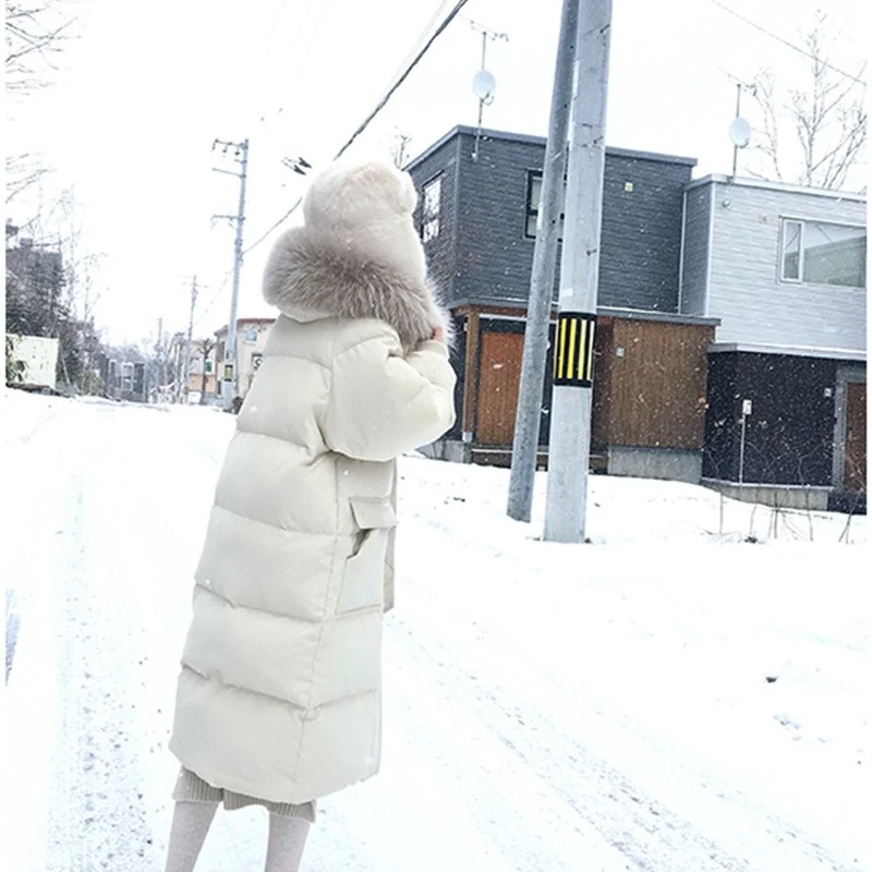 Snow 2021 New Women's Large Fur Collar Double-sided Down Long Jacket Winter High Collar White Duck Down Jacket Warm Parka Jacket