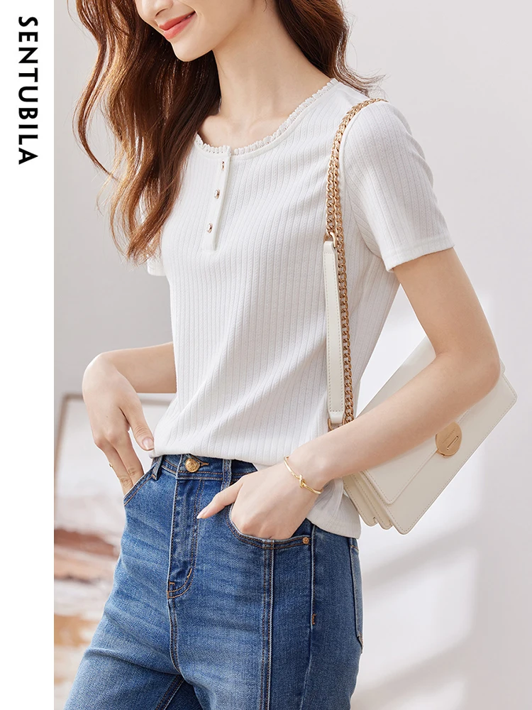 

Sentubila Summer Short Sleeve Women's T-shirt Summer Simple Solid White Knitted Tops Tshirt 2023 New Romantic Lace Crewneck Tees