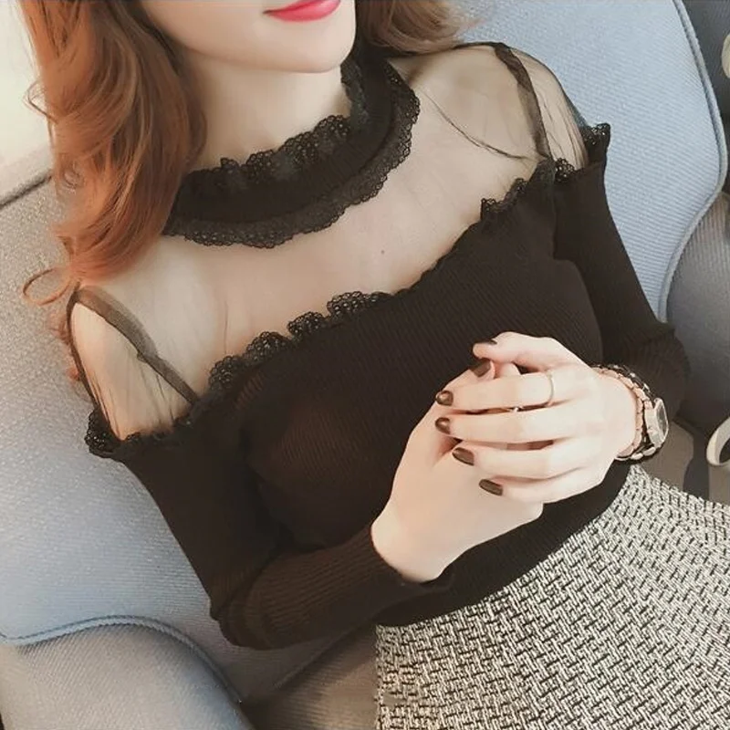 Футболка женская кружевная плиссированная с длинным рукавом пикантный топ в