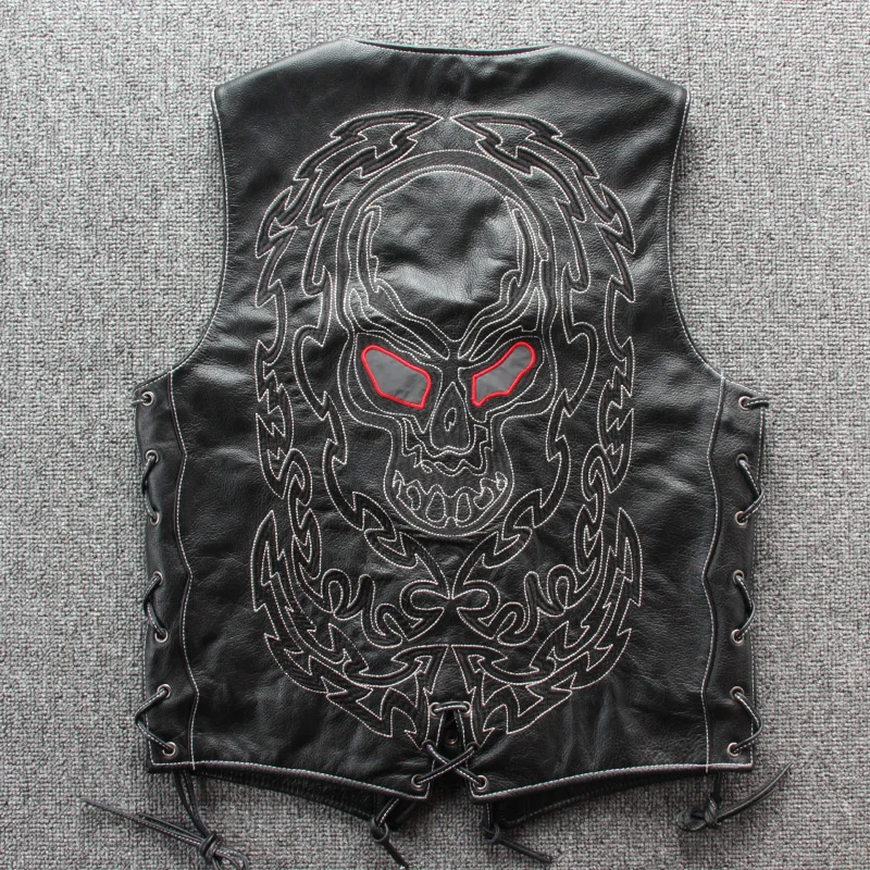

2024 Trendy Men's High Quality Genuine Leather Waistcoat Cowhide Skeleton Wornout Vintage Motorcycle Sleeveless Vest Spring