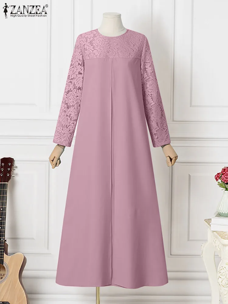 ZANZEA Elegant Casual Holiday Loose Long Robe Women Summer Muslim Dress Full Sleeve Lace up O-Neck Solid Abayas Turkey Sundress