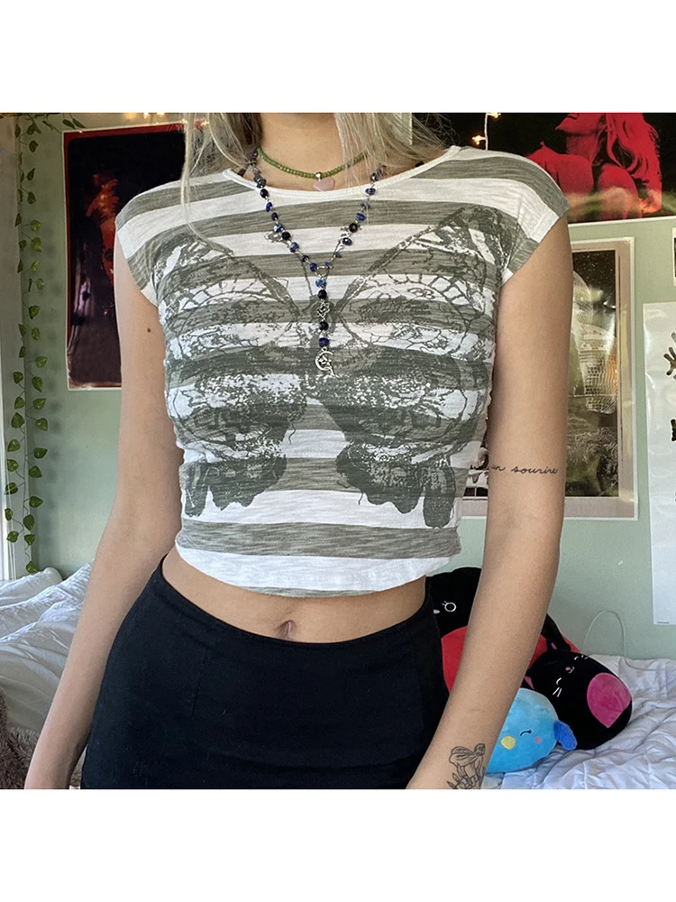 

Woman Clothing Fairy Grunge Aesthetic Goth Y2k Graphic Print Crop Top Striped Butterfly Slim Fit Tees Women Vintage Kawaii White