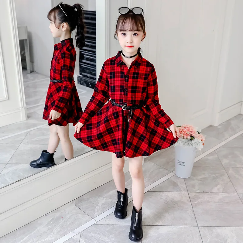 

Girls Long Sleeve Plaid Shirt Dress with Sashes Fashion Kids Blouse Dresses Spring Autumn Casual Teenager Girl Clothes 3-12 Yrs