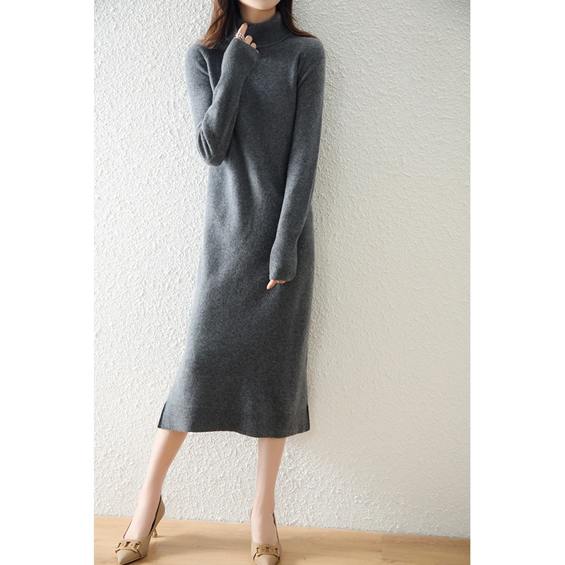 Autumn New Pure Wool Dress Women's Mid-Length Skirt Threaded Slit Turtleneck Solid Color Fashion Knitted Bottoming Bag Hip Skirt