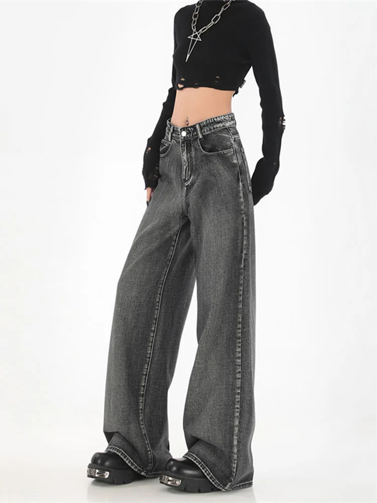 

Джинсы женские свободные с завышенной талией, винтажные модные брюки из денима с широкими штанинами, прямые мешковатые штаны в Корейском стиле, Черные Серые