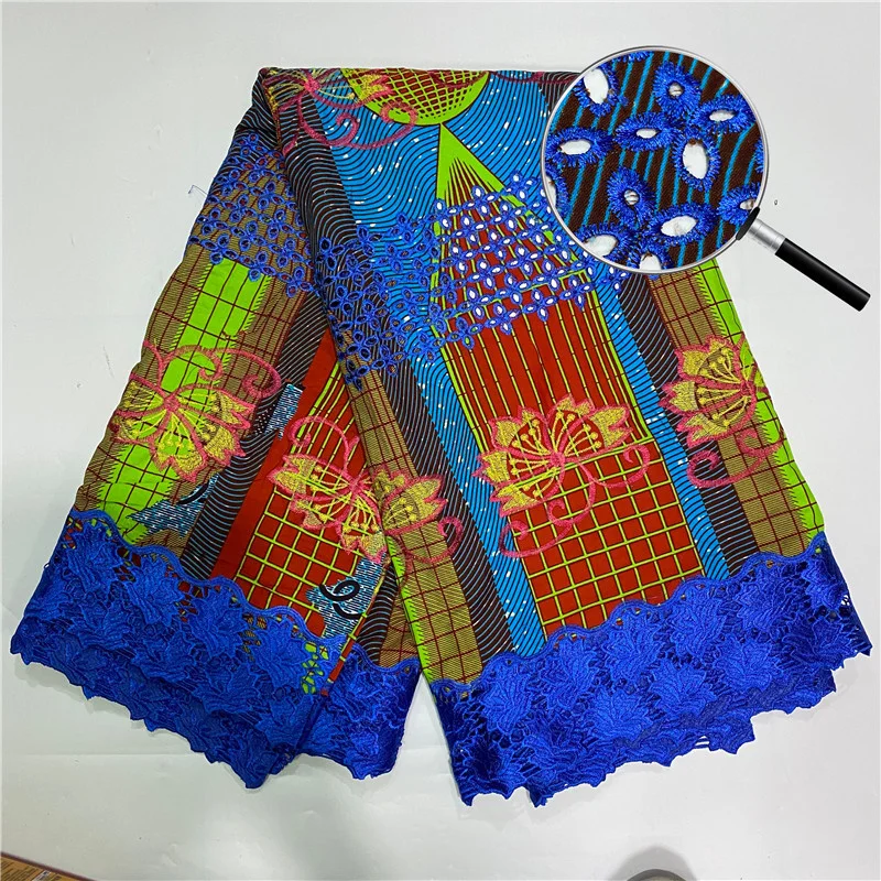 

Latest Multi Color African Ankara Wax Fabric 5Yrds Nigeria Wax Fabric With Guipure Cord Lace Fabric For Dress
