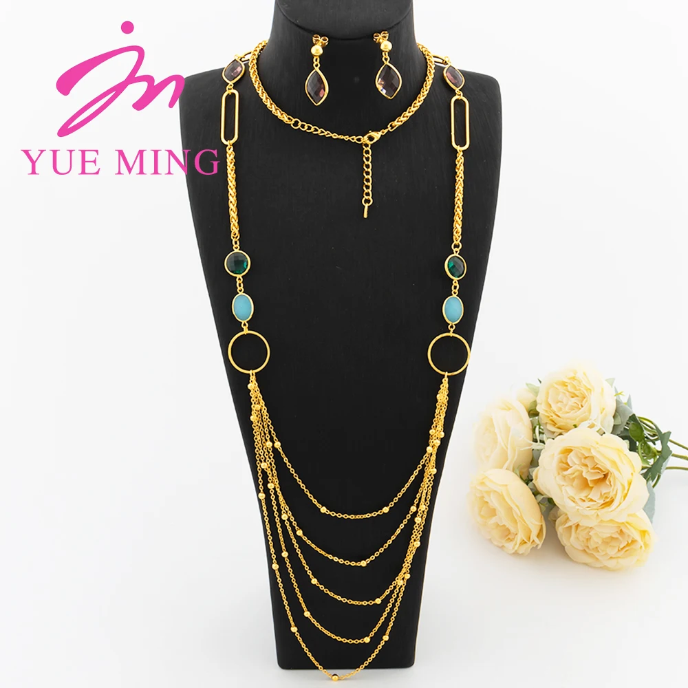 

YM Colored Zircon Long Chain Fashion Gold Color Round Star Geometry Pendants Necklace For Women Colored Earrings Vintage Jewelry