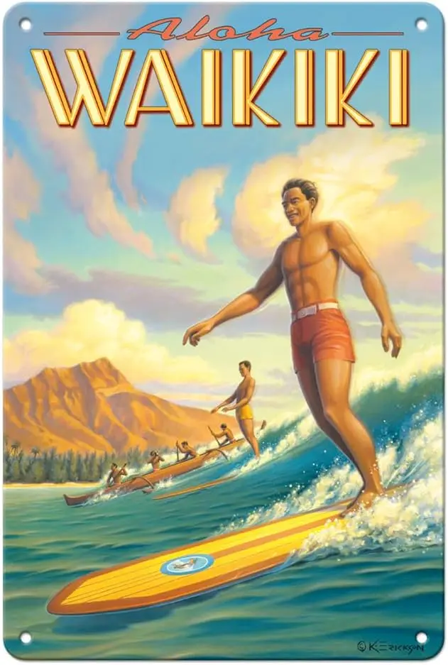 fc slnd rt Valle Wkk - Surfng Dmond Hed Ohu Honolulu Hw Vntge Hwn Trvel Плакат от Kerne Erckson 8 x 12 nch Metl Tn