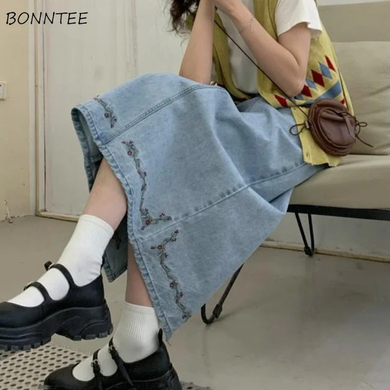 

Skirts Women Denim Flower Vintage Embroidery Mid-calf A-line All-match Korean Style Fashion Design Basic Retro Spring Leisure