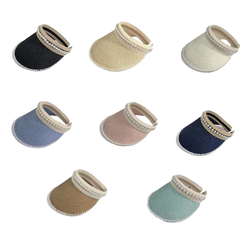 

Sun Straw Hat Open Top Lightweight Grass-Woven Hat Beads Decor Wide Brim Sun Hat Summer Accessory Beach Hat for Girls