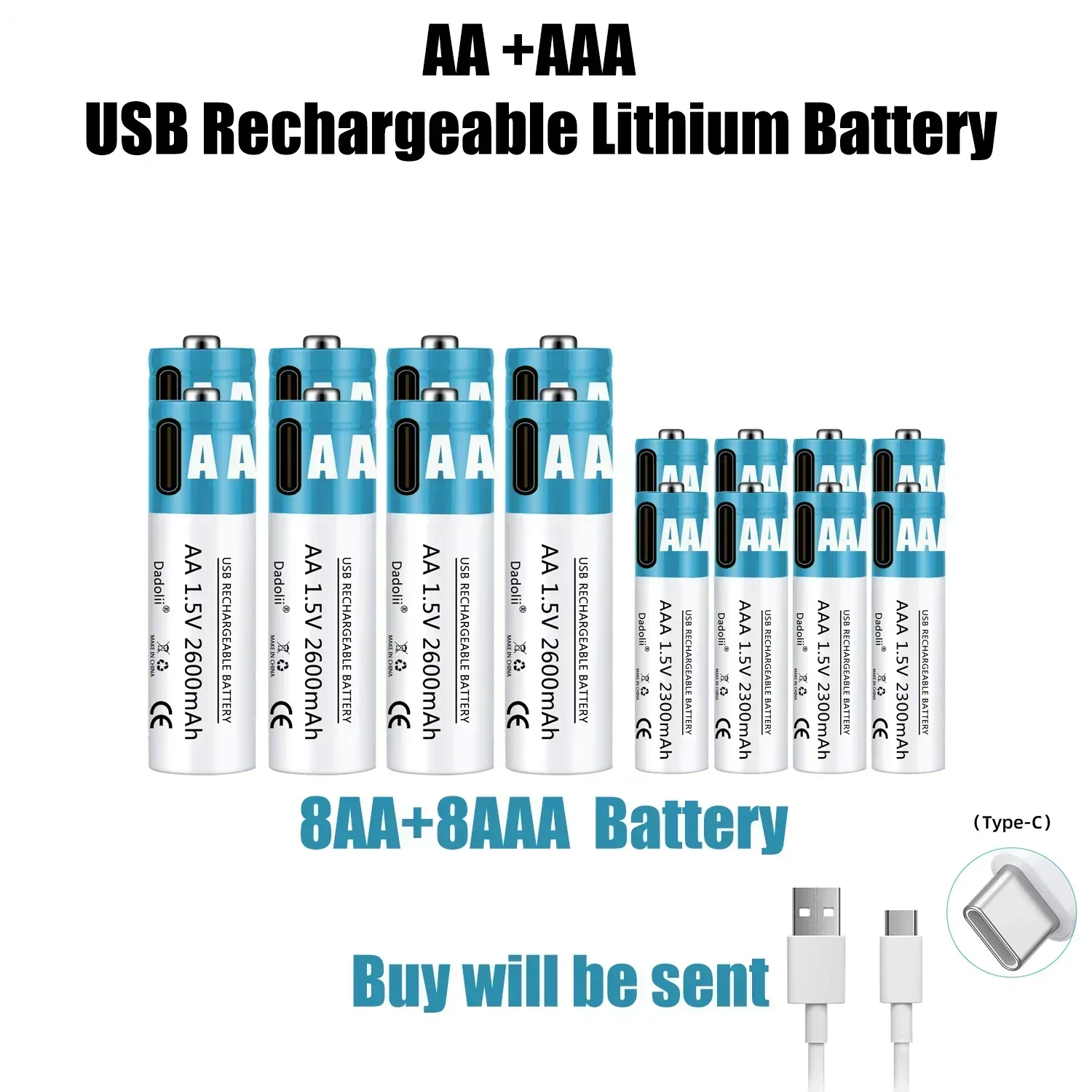 Фото Литиевая аккумуляторная батарея 1.5V AA AAA (тип 5, тип 7) с USB-зарядкой Type-C, быстрая зарядка, для обучающих устройств, кодовых замков, 1200 циклов зарядки №5