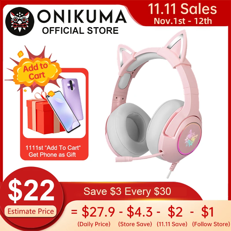 Aliexpress - ONIKUMA K9 Pink Cat Ear Headphones with RGB LED Light Flexible Mic Gaming Headset 7.1 Surround Computer Earphones for PC Gamer