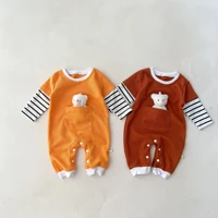 2022 autumn new girl baby long sleeve big pocket romper boy kid pure color splicing jumpsuit newborn cotton fashion one piece
