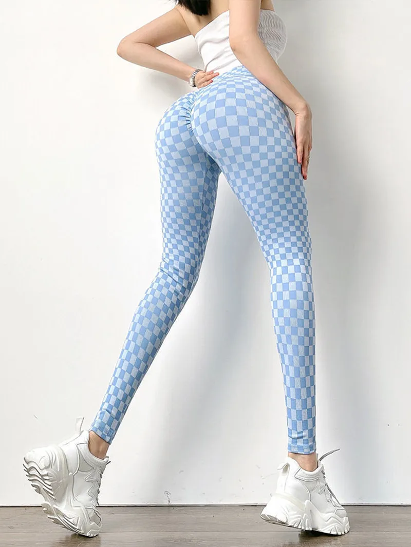 Women Yoga Pants Hip Lifter Tight Leggings Seamless Gym Workout High Waist Spandex Check Sports Fitness Elastic Pants Trousers