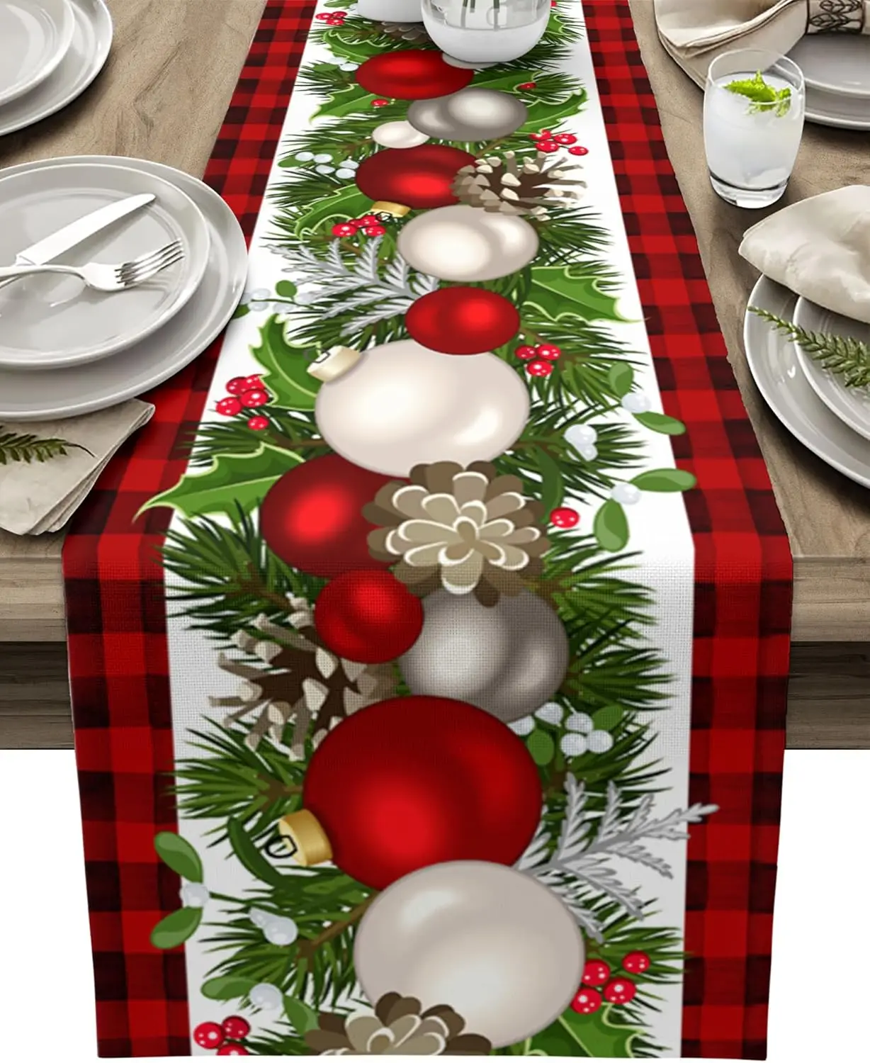Рождественская сосновая игла ягода буйвол клетчатая льняная дорожка для стола