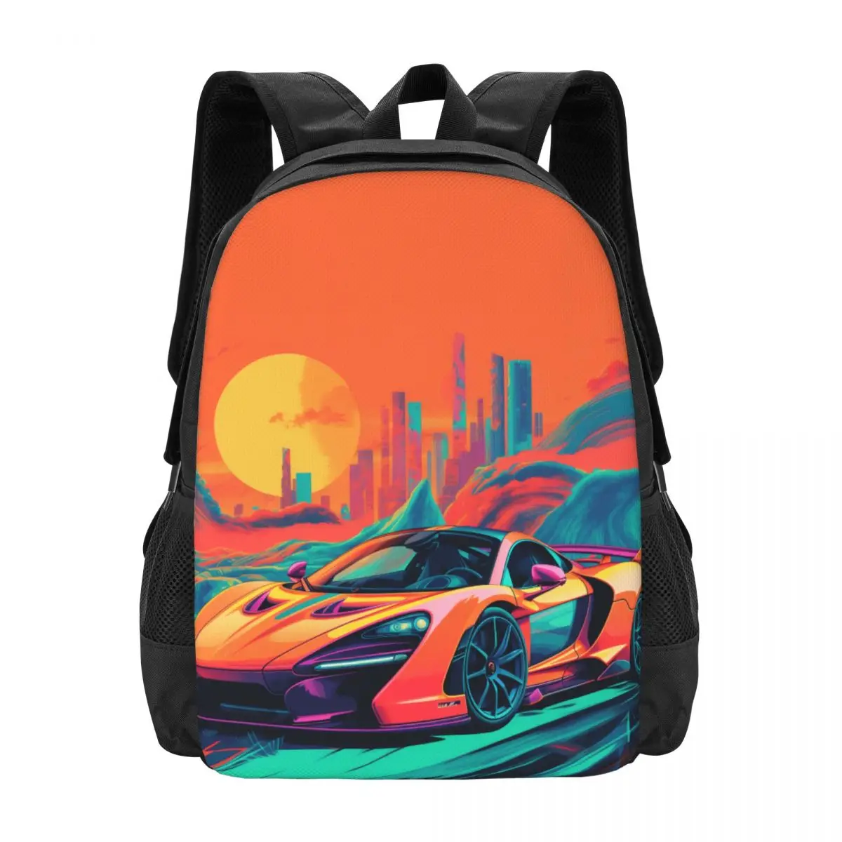 

Fantastic Sports Car Backpack Cover Art Neo Fauvism Outdoor Backpacks Boy Girl Fun School Bags Colorful Lightweight Rucksack