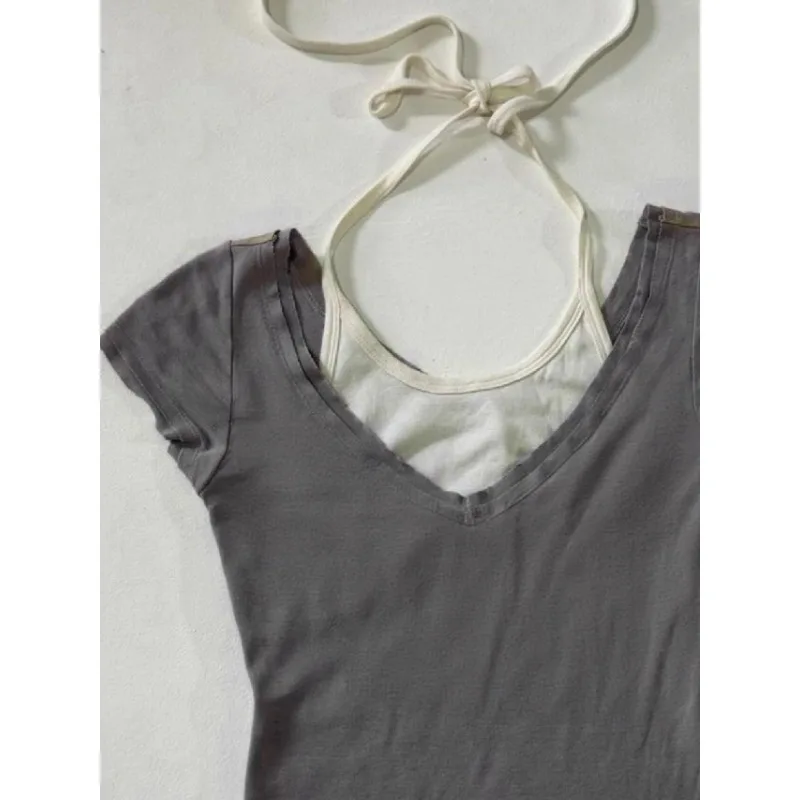 Американский винтажный серый топ на бретелях с коротким рукавом женские летние