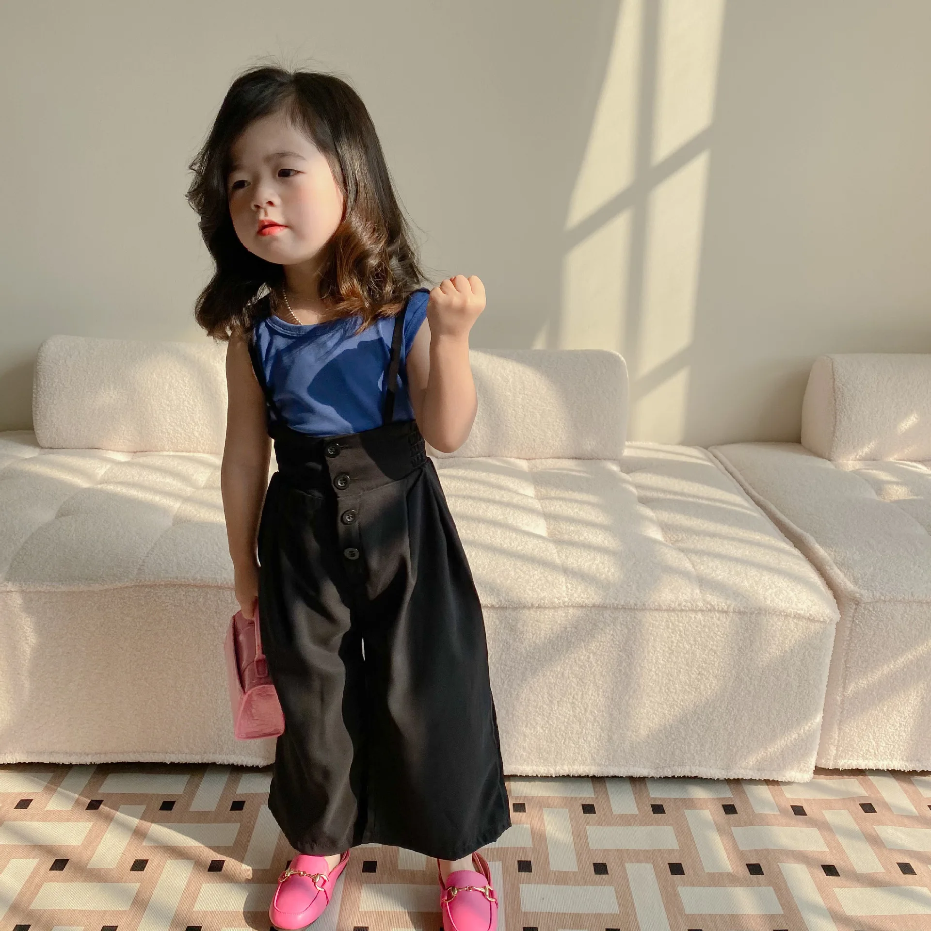 Freely Move Girls Clothes Set 2022 Teen Cute New Korean Casual Vest and Overalls Wide Leg Pants Fashion Children Two Piece Suit