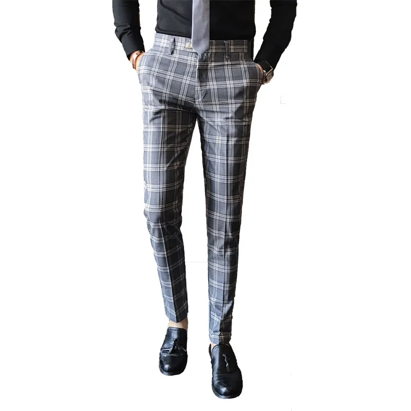 

Men Dress Pant Plaid Business Suit Trousers Casual Slim Fit Pantalon A Carreau Homme Classic Vintage Check Wedding Pants