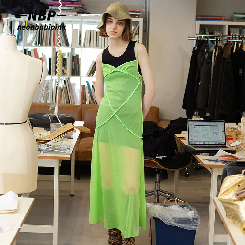 

NEONBABIPINK Y2k See Through Mesh Dress 2022 Fashion Women Spaghetti Strap V Neck Split Long Maxi Dresses N85-DZ18