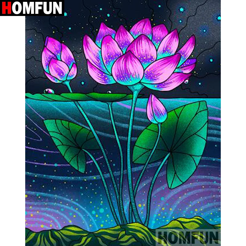 

HOMFUN Paint With Diamond Embroidery "Flower Lotus" Diamond Painting Full Square Round Picture Of Rhinestone Decor