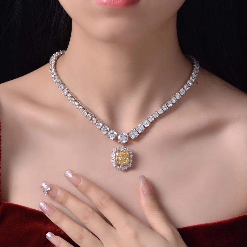 

OEVAS 100% 925 Sterling Silver 13*13mm 25 Carat Yellow High Carbon Diamond 40cm Pendant Necklace For Women Luxury Fine Jewelry